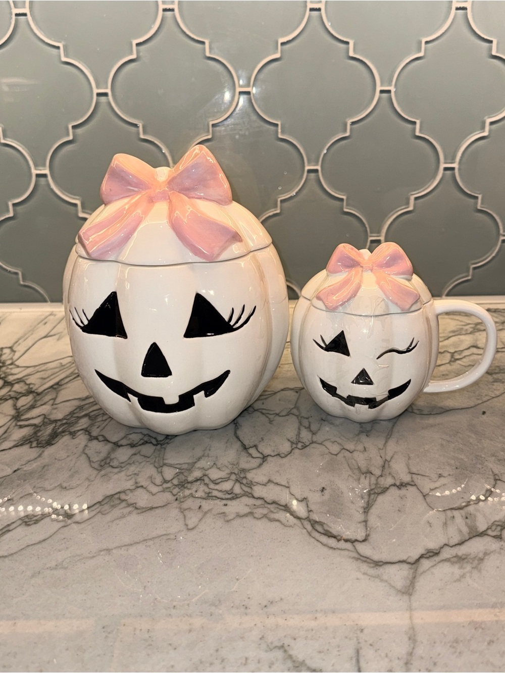 White Ceramic Pumpkin Cookie Jar & Mug Set with Pink Bows